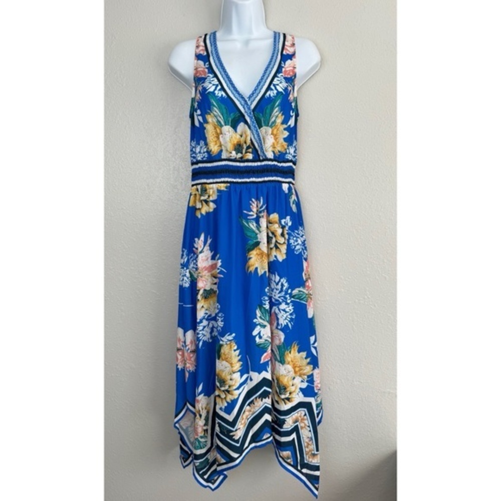 Jealous Tomato blue floral sleeveless asymmetrical hem midi dress M - Picture 2 of 11